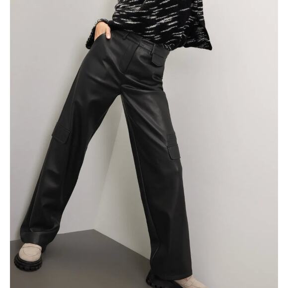 Louna Black Faux Leather Cargo Pants MEDIUM Wide Leg Trouser Designer $180 Flaw - Picture 1 of 10